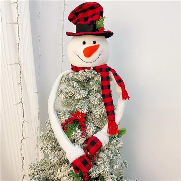 Large Plush Snowman Tree Topper - Red & Black Plaid Hat & Scarf - Picture 4 of 7